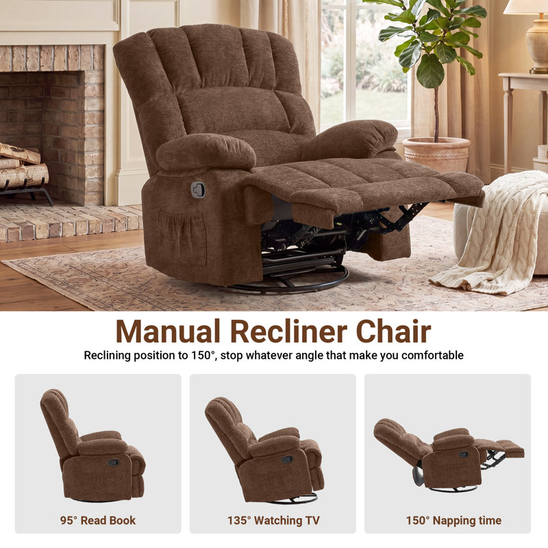 Breasha 39.7" Wide Manual Upholstered Swivel Rocker Recliner, Brown Polyester