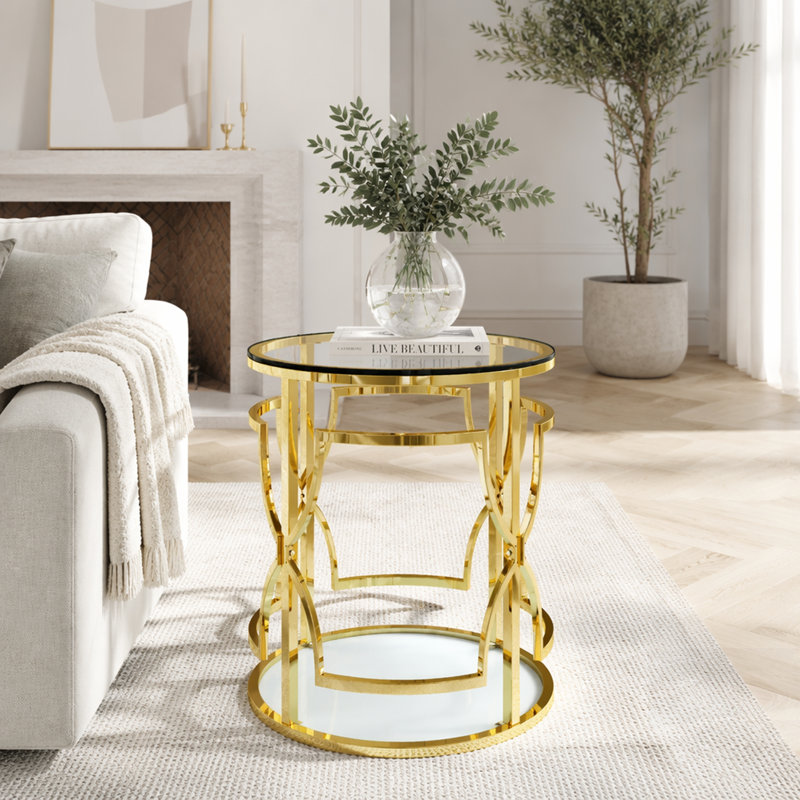 Table d'appoint ronde de luxe avec plateau en verre trempé et tablette de rangement, table de bout moderne glamour pour le salon et la chambre à coucher
