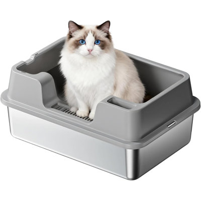 Stainless Steel Cat Litter Tray, 32L Extra Large Litter Box with High Detachable Enclosure, Non-Sticky Easy to Clean for All Cats, Odour-Resistant Leak-Proof 50x35x27cm - White