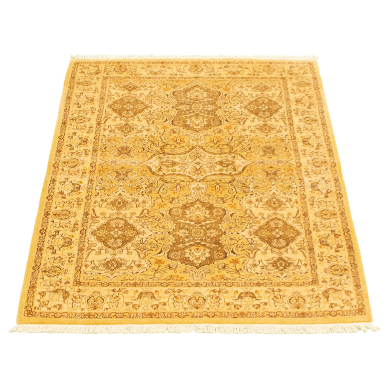 Tapis décoratif en laine noué à la main de conception persane et unique noué à la main new age paki 18/20 jaune clair 4 pi 1 po x 6 pi 2 po