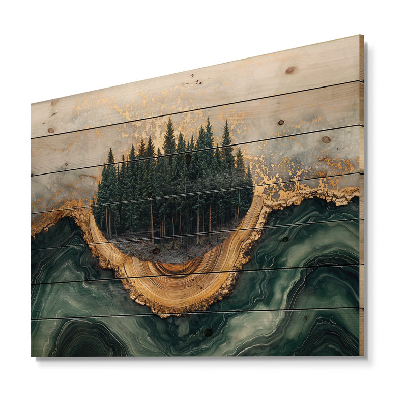 Paysage de forêt de pins sur l'horizon d'émeraude II - Art mural en bois de forêt - sur bois de pin naturel