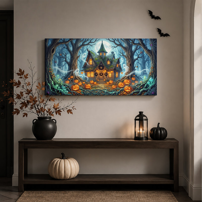 «Haunted House with Glowing Pumpkins And Ghost», art mural sur toile, L 40 po x H 20 po