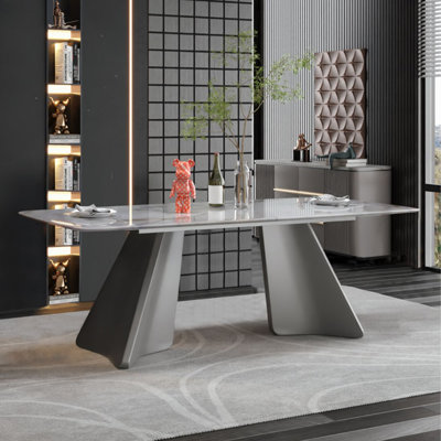 Table de salle à manger rectangulaire gris-blanc en pierre frittée