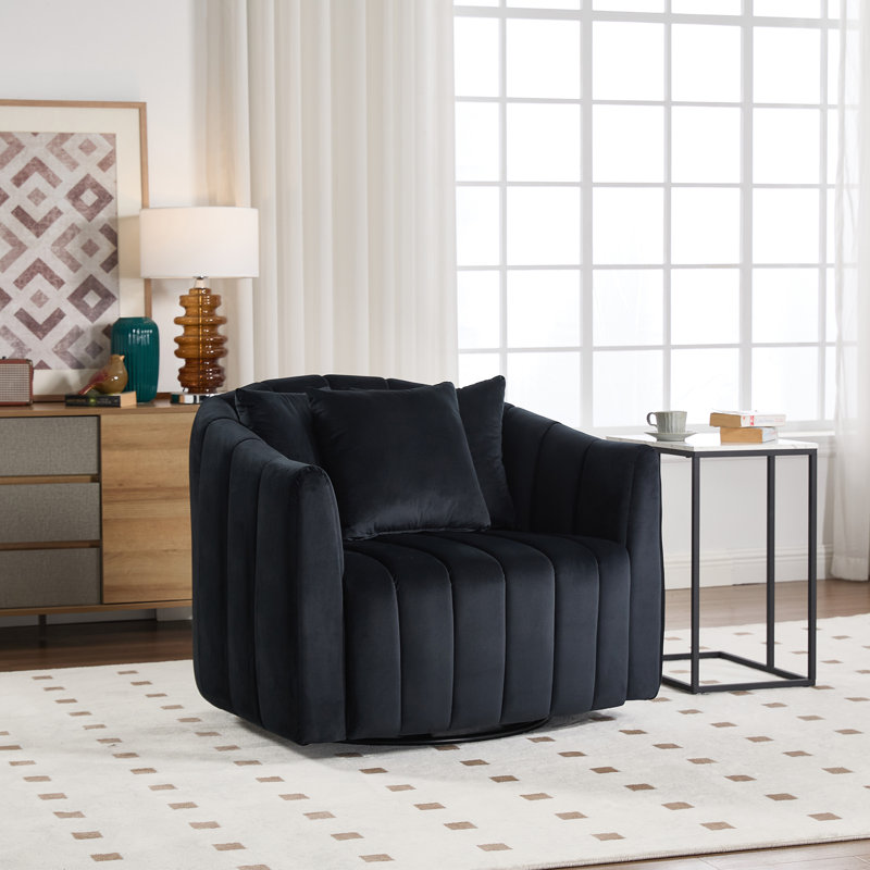 Upholstered Swivel Barrel Armchair, Black Velvet