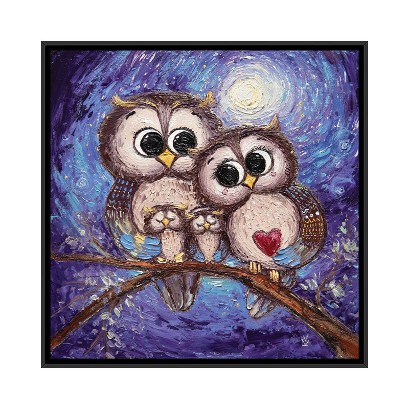 Good Owls by Vlada Koval - Painting on Canvas, 45.72 cm H x 45.72 cm W, Black Framed