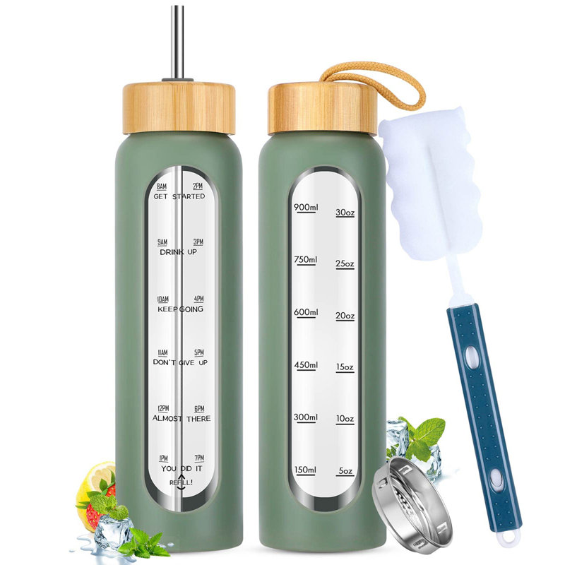 LoochMee 32oz. Glass Water Bottle, Olive