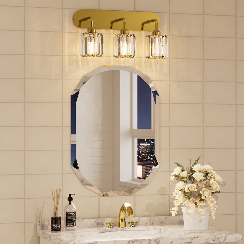 Dimmable Bathroom Vanity Light with Crystal Shade, 3 Lights, Brushed Gold