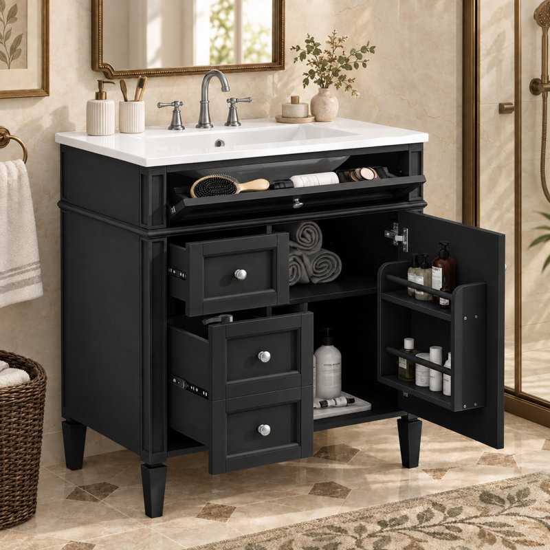 Meuble-lavabo 30 po avec comptoir en céramique, 2 tiroirs, tiroir basculant et support de porte, Noir