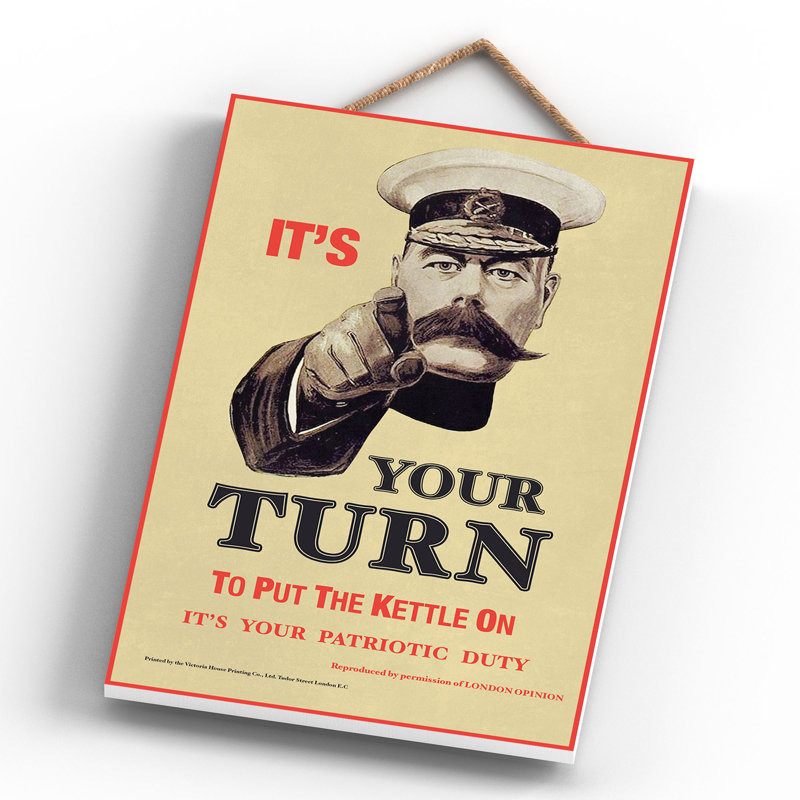 Lord Kitchener Kettle On Vintage Retro Poster Design On Wooden Plaque