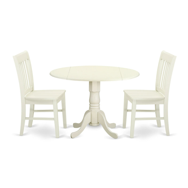 Ensemble de coin repas 3 pièces pour petits espaces comprenant une table de salle à manger ronde avec Dropleaf et 2 chaises de cuisine, 42 po x 42 po, lin blanc