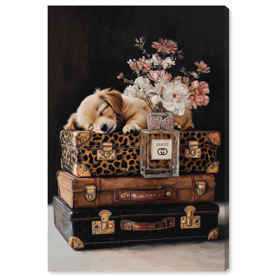 «Little Puppy suitcases», reproduction d'art sur toile par Art Remedy