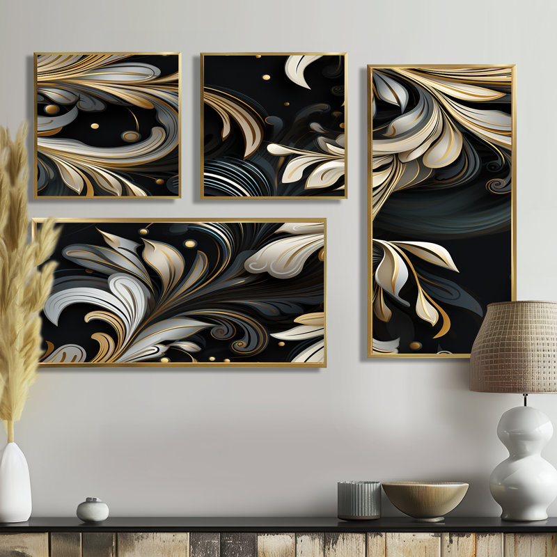 Hockett - Art mural abstrait 4 pièces, Reproduction encadrée sans passe-partout, Doré
