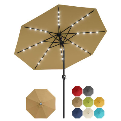 10FT Solar Patio Umbrella with 32 LED Lights – Crank Lift, 30° Tilt, 8 Sturdy Ribs, UV Protection – Outdoor Market Parasol for Pool, Deck, Garden, Balcony – Base Included