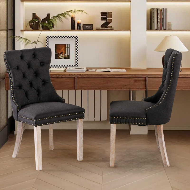 Chaise de salle à manger en velours avec anneau à dossier et pieds en bois massif, 2, Noir, Bois naturel