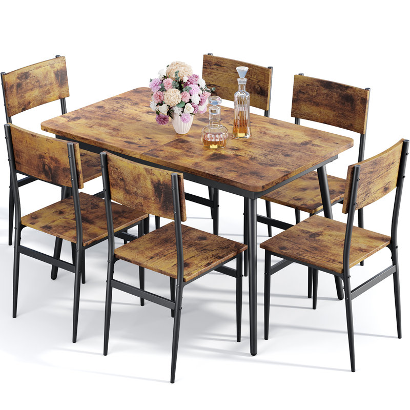 Deyton Modern 7-Piece Rectangular Expandable Dining Set with Wood Chairs, 63'' Table, Retro