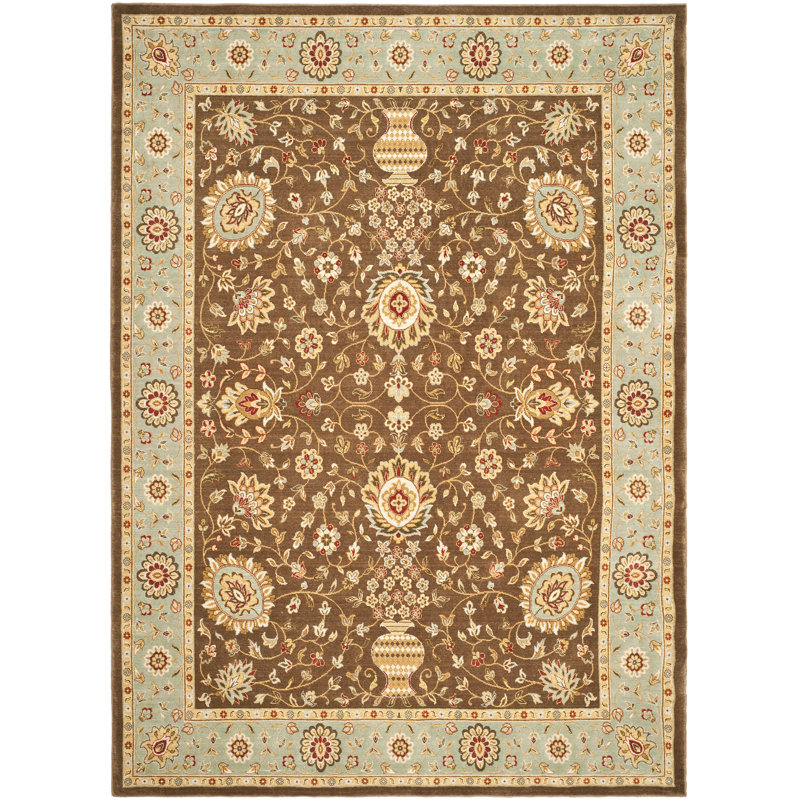 Handmade Tufted Rectangular Brown and Light Blue Wool Rug