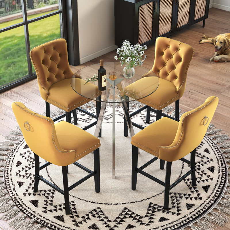 Tempered Glass Round Bar Table Set, Bar Height Set, Tempered Glass Round Dining Table And Height Bar Stools, Yellow, Silver