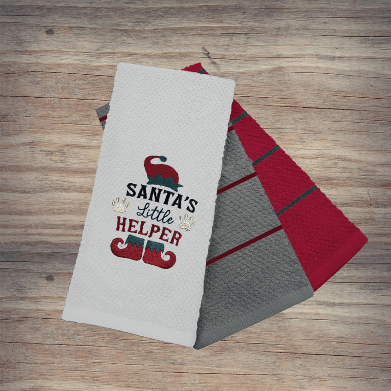 Festive Fun 3 Pack Super Absorbent Fast Drying Set Santas Helper Tea Towel, White