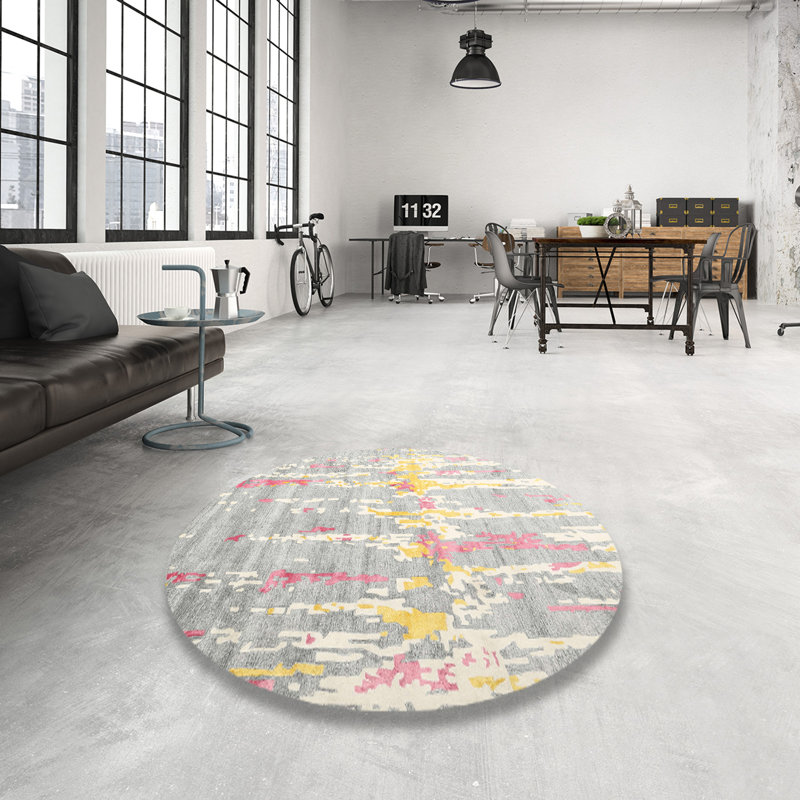 Tapis gris/rose zone contemporaine, Rond 7 pi x 7 pi