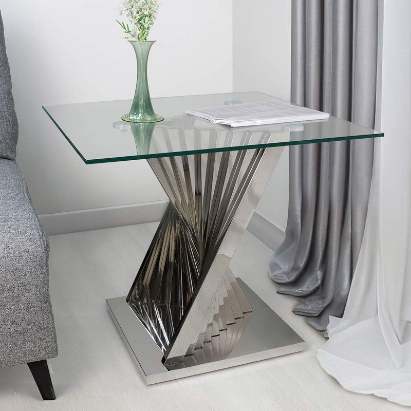 Arzan Glass Bedside Table For Living Room Furniture, Stainless Steel End Table With Glass Tabletop, Silver