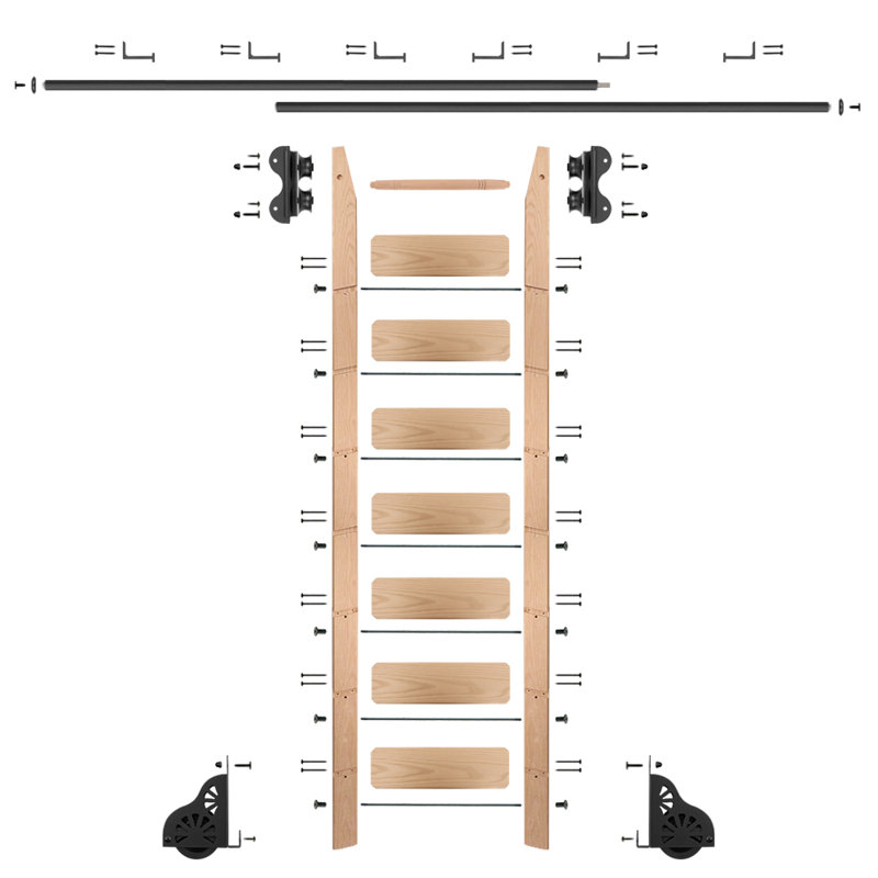 Red Oak 8.06' 7-Step Wood Rolling Sunburst Wheel Ladder