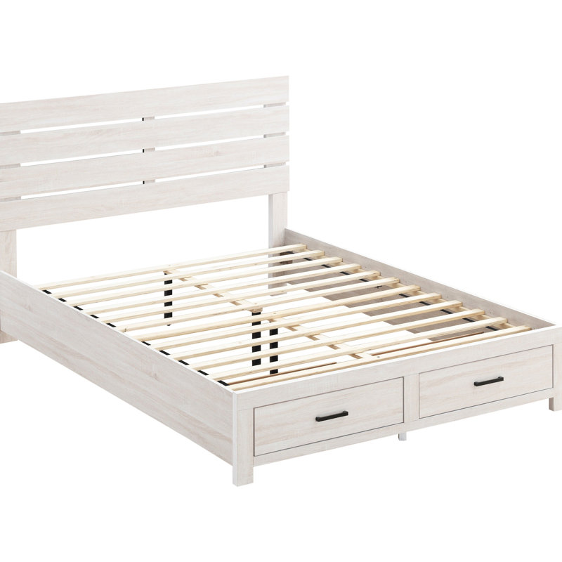 Très grand lit de style oriental de style bord de mer blanc, tête de lit à lattes, deux tiroirs, panneau d'usure additionnel pour chambre à coucher avec bois d'ingénierie, configuration