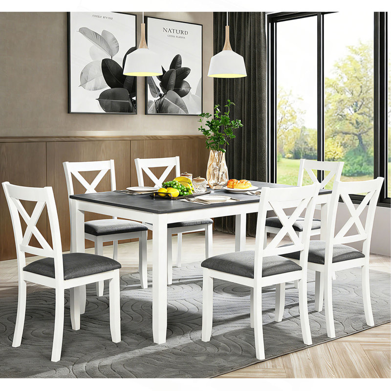 Ensemble de table et chaises de salle à manger en bois massif 7 pièces, table moderne de 58,5 pouces avec 6 chaises rembourrées (style X-Back) pour la cuisine, la salle à manger, deux tons