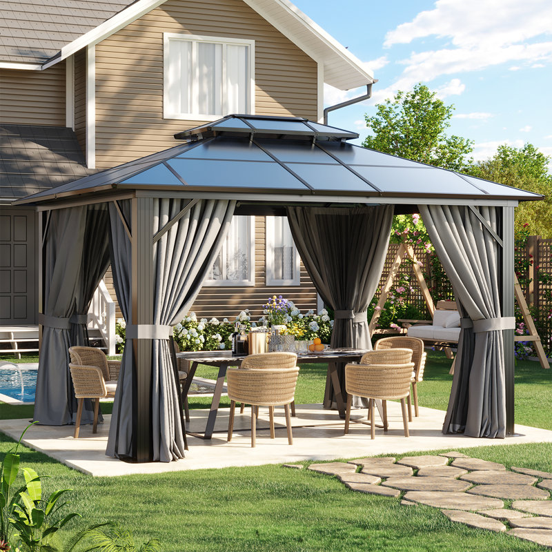 12 Ft. W x 10 Ft. D Metal Frame Patio Gazebo with Polyethylene Double Roof, Gray, 12 Ft. W x 10 Ft. D, Gray
