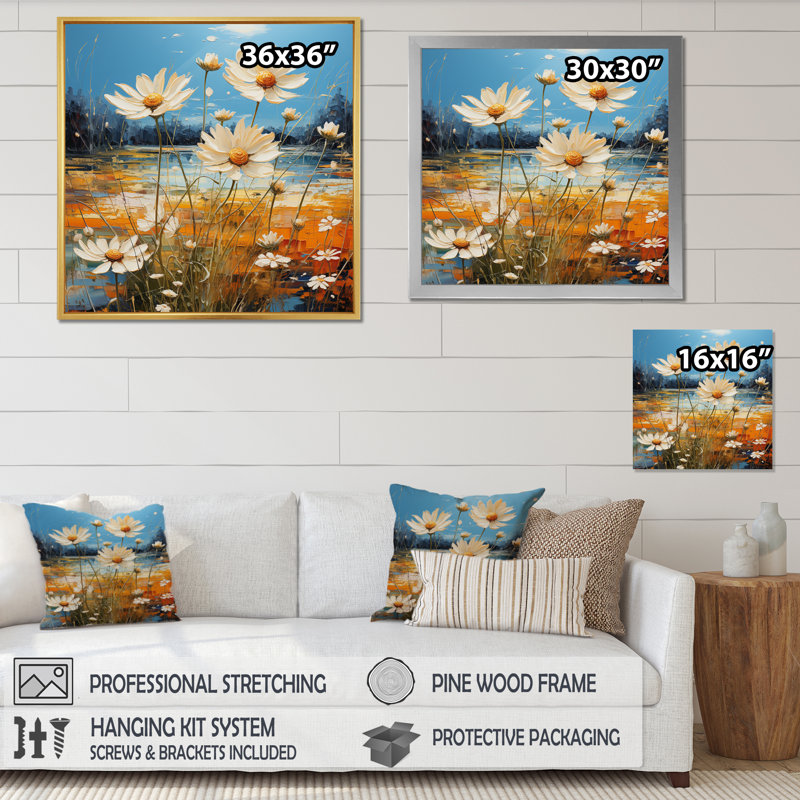 «White and Tealy Daisy Serenade III», impression d'art mural, Toile tendue, H 16 po x l 16 po x P 1 po