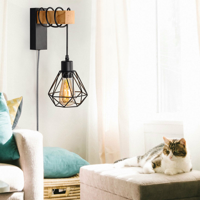 Modern Plug in Wood Cage Black Wall Pendant Lamp Industrial Rustic Retro Adjustable Light Fixture