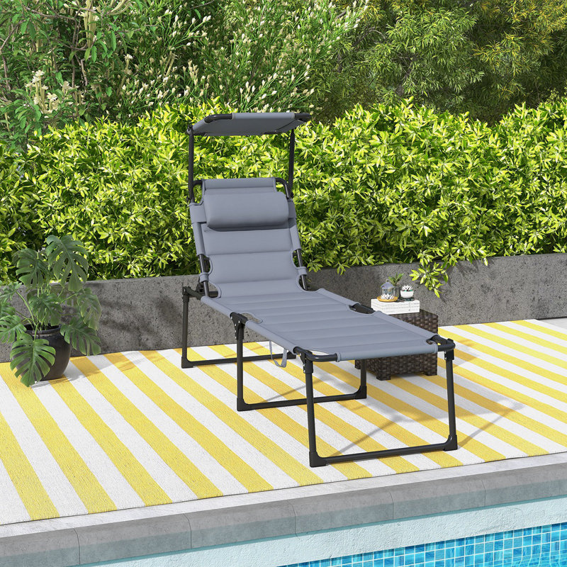 Outsunny Outdoor Lounge Chair, Adjustable Backrest Folding Chaise Lounge, Cushioned Tanning Chair W/Sunshade Roof & Pillow Headrest For Beach, Camping, Hiking, Gray