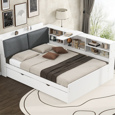 Lit plateforme en bois blanc avec lit gigogne, tablettes de tête de lit et espace de rangement - Rangement spacieux, tablettes de style classique