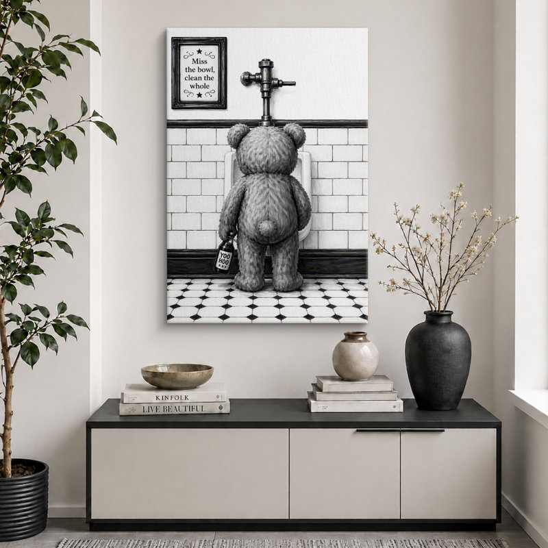 Tableau humoristique avec un ours en peluche et une citation pour les toilettes, images de salle de bain, impression giclée sur toile