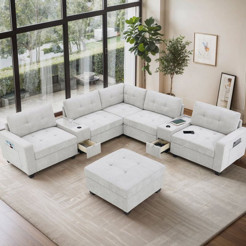 Canapé modulaire avec plateau en acrylique, ensemble de canapé en U en chenille avec consoles, chargeur USB, rangement et repose-pieds mobile pour le salon