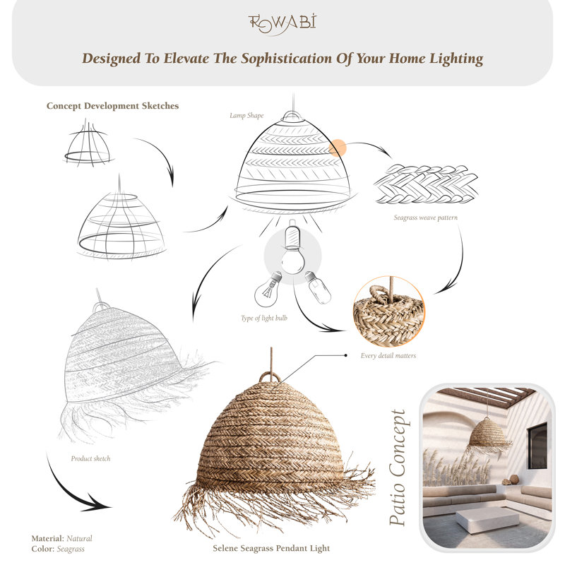 Aneil 1 - Light Natural Lampshade Pendant – 14" & 22'' Dome Plug-In or Hardwired Woven Light with Fringe Edge for Entryway or Bedroom in Boho Coastal Style