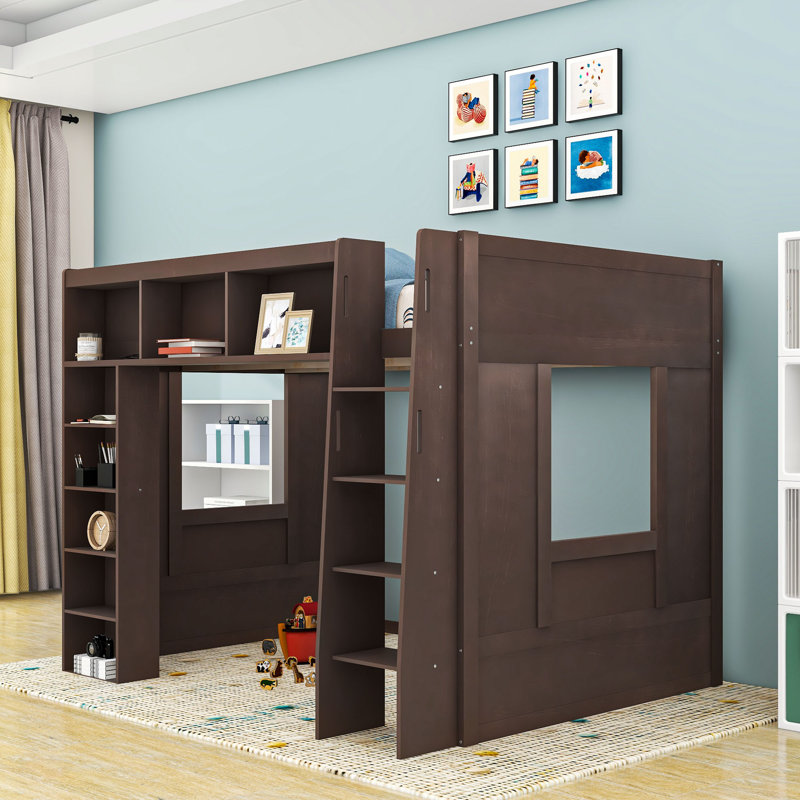 Grand lit mezzanine en bois avec échelle et tablettes, Brun