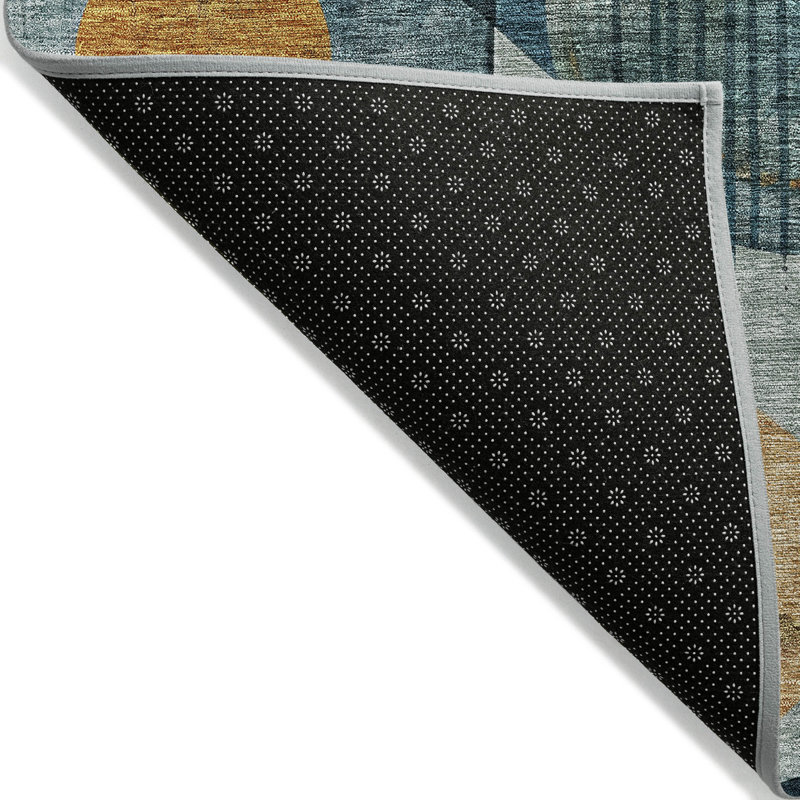 Teal and Gold Geometric Washable Synthetic Area Rug