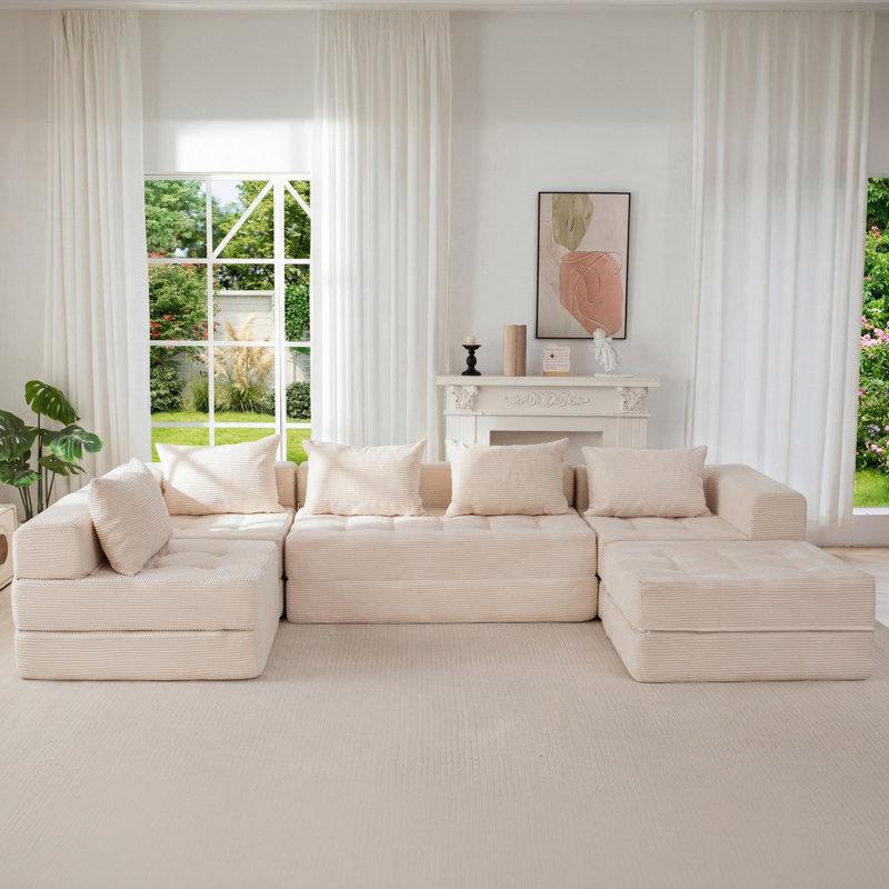 Boneless U Shaped Modular Sectional Sofa Couch, 15" H x 125" W x 63" D, Beige Corduroy