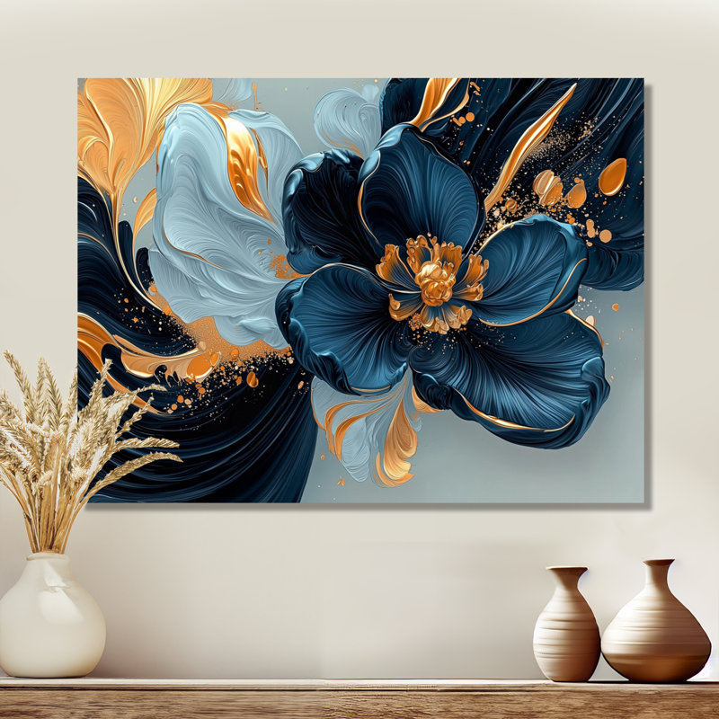 Décoration murale dorée en velours bleu marguerites encre I - boutons d'or, H 12 po x l 20 po