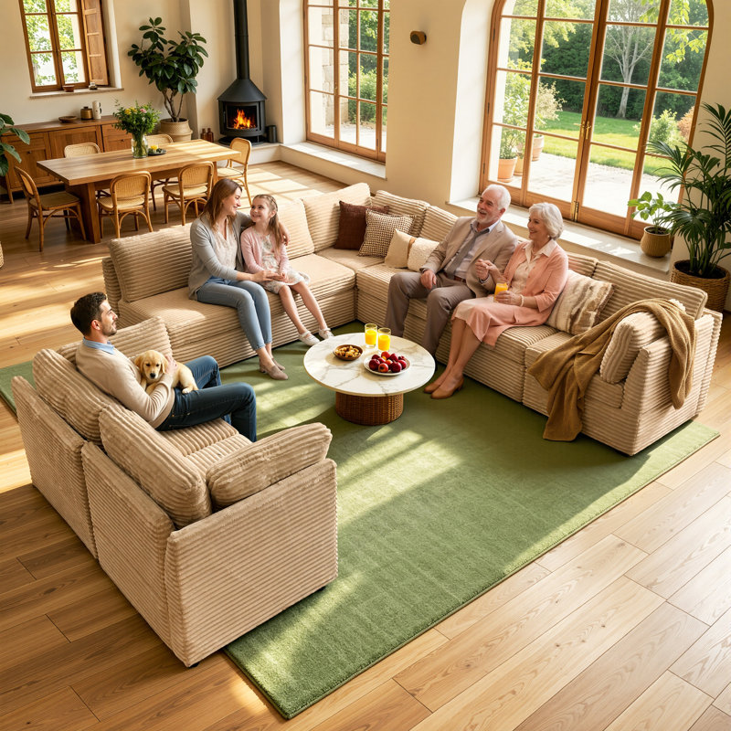 Ensemble de canapé modulaire en velours côtelé en L 8 pièces avec causeuse Hgo, Peluche beige