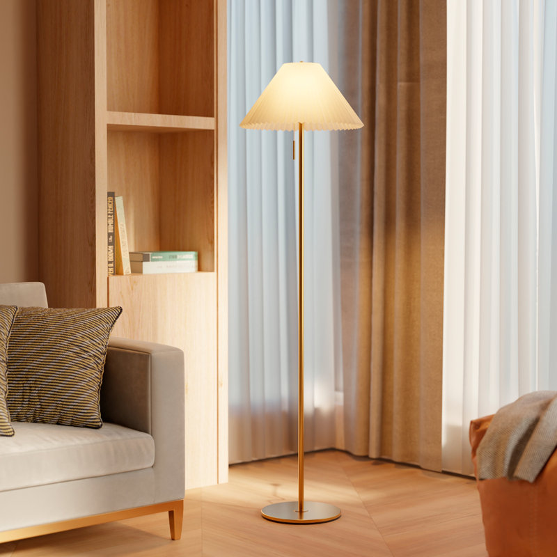 Lampe sur pied en laiton 62 po avec abat-jour en tissu plissé, Doré
