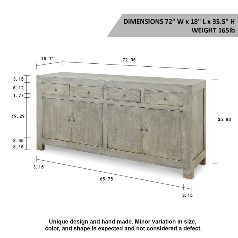 72 in. W Solid Wood Sideboard, Gray Wash