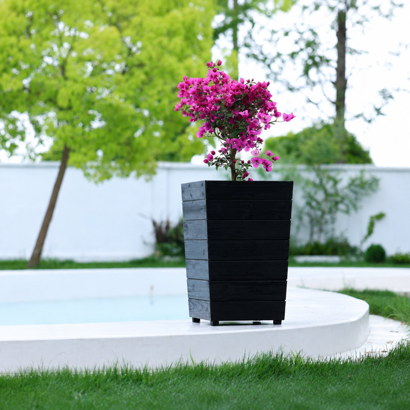 Grand bac à fleurs en bois avec doublure amovible - Pot pour plante surélevé d'extérieur, Noir