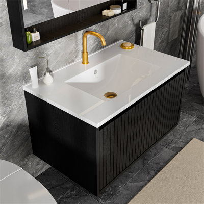 Meuble-lavabo mural flottant noir moderne de 30 pouces - conception cannelée avec lavabo en céramique et tiroirs à fermeture en douceur pour les espaces compacts