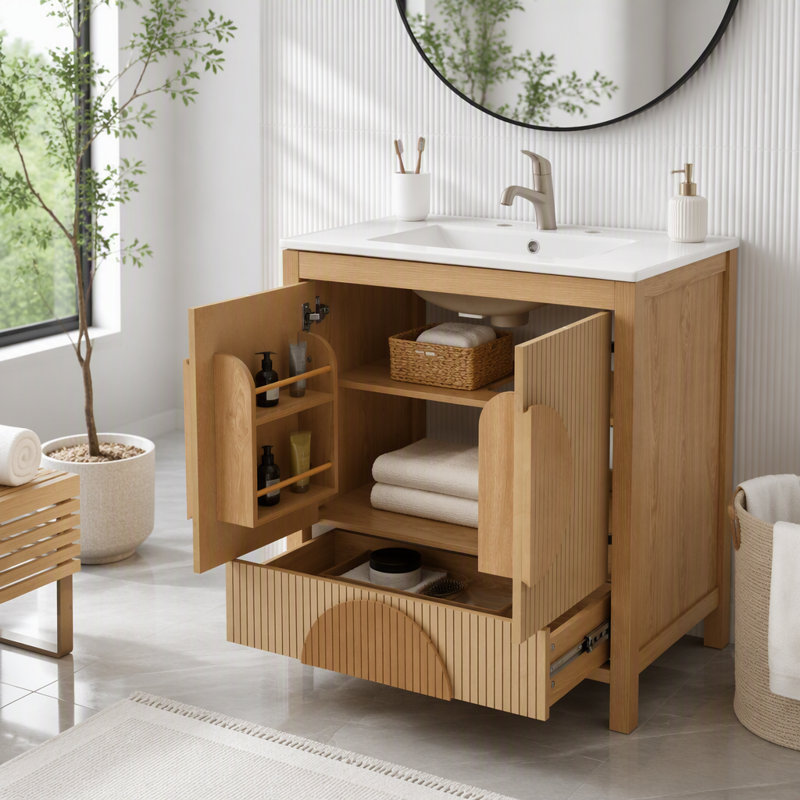 Meuble-lavabo de salle de bain cannelé 30 po avec lavabo, Bois - 1 tiroir
