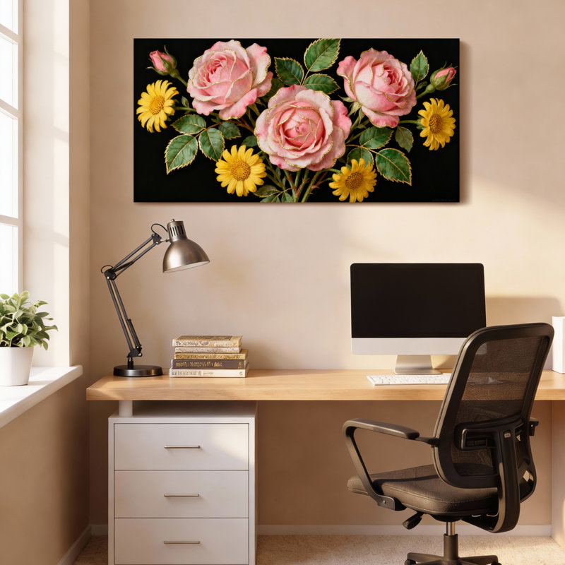 Roses roses et marguerites jaunes, reproduction d'art sur toile tendue sur toile, ensemble de 1, H 24 po x l 48 po
