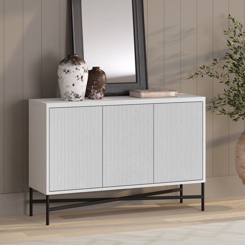 48" Fluted Sideboard with Adjustable Shelves & Cable Management — White Scandinavian Storage Cabinet for Dining Room or Living Room | Ceeva