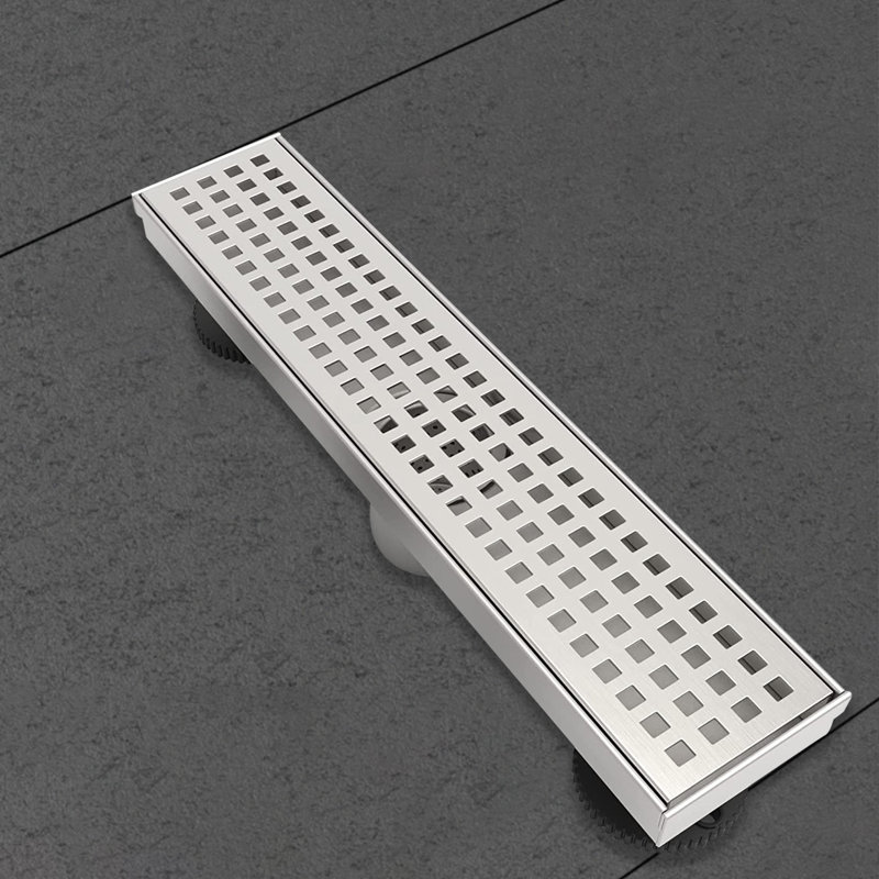Long drain de douche linéaire rectangulaire avec couvercle de drain carré et attrape-cheveux, acier inoxydable, nickel brossé
