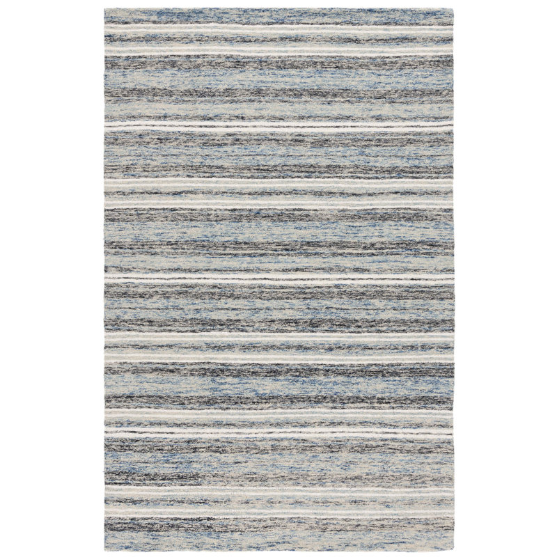 Tapis rayé bleu / beige en laine et coton touffeté à la main Ebony 777, Rectangle 4 pi x 6 pi