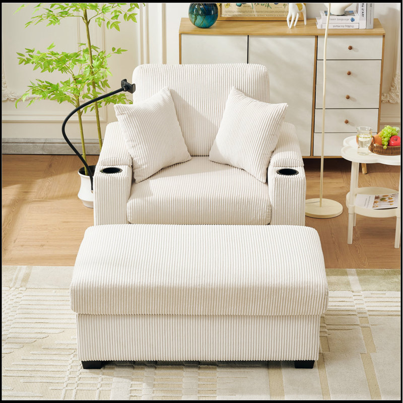 Chaise longue surdimensionnée avec repose-pieds et rangement, revêtement en velours côtelé confortable, porte-gobelet, support pour téléphone et port USB pour le salon et la chambre à coucher